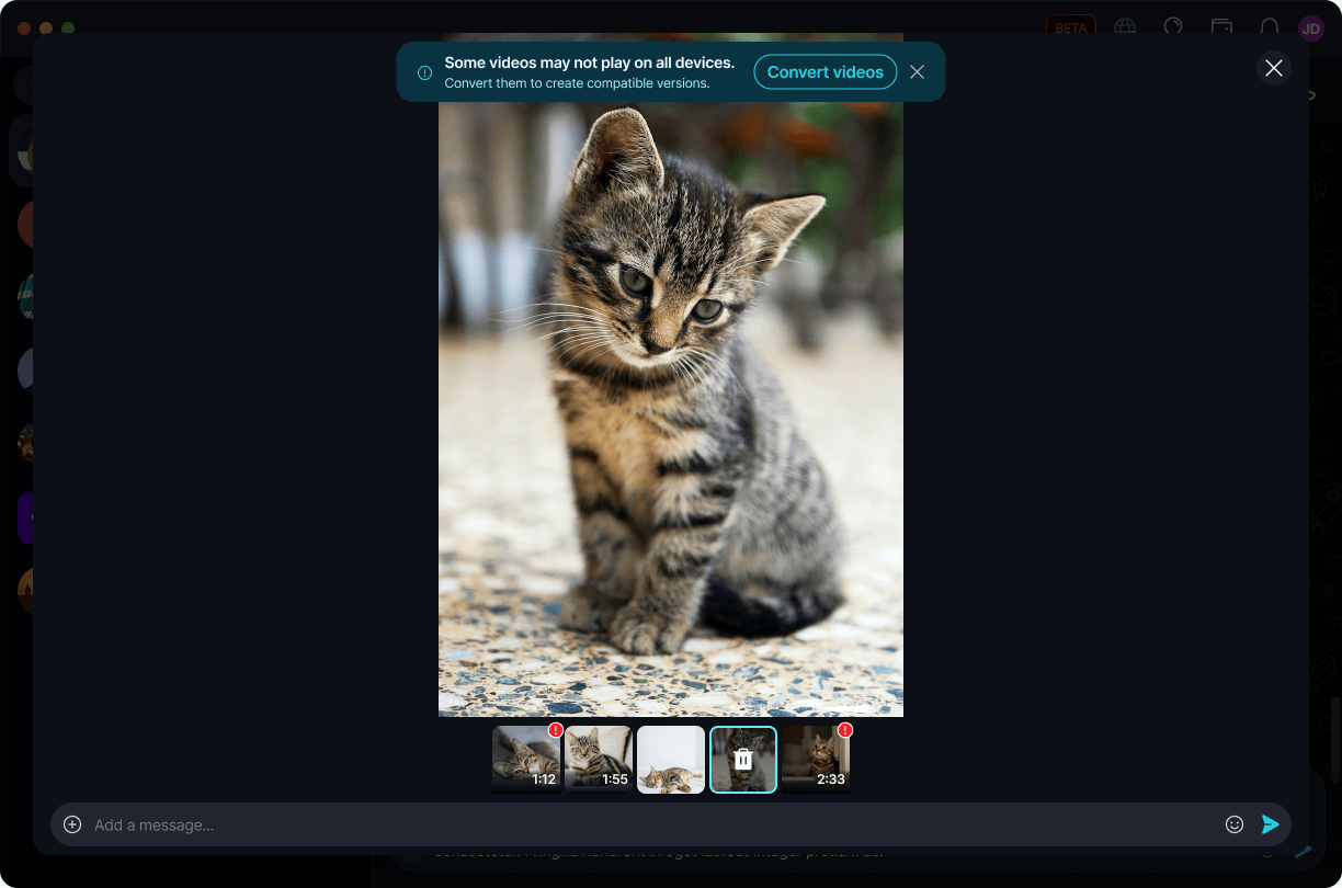 Convert Incompatible Videos ποΈ Β· Desktop Some videos may not play on all devices - flagged thumbnails and a 'Convert videos' button.