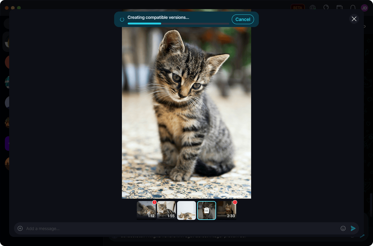 Convert Incompatible Videos ποΈ Β· Desktop Creating compatible versions - progress bar with a Cancel button.