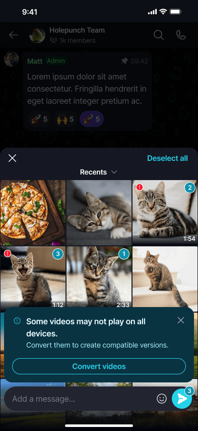 Convert Incompatible Videos ποΈ Β· Mobile Some videos may not play on all devices - flagged thumbnails and a 'Convert videos' button.