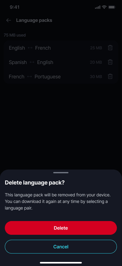 Language Packs π¦ Β· Mobile Delete language pack? Cancel keeps the pack, Delete removes it.