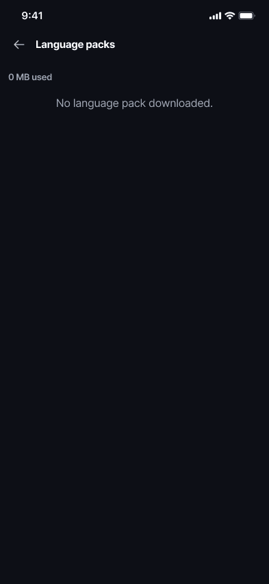 Language Packs π¦ Β· Mobile No language pack downloaded - 0 MB used.