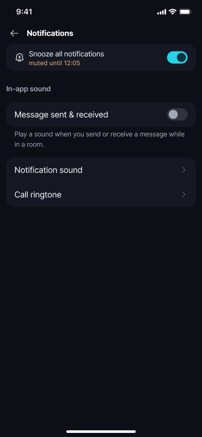 Snooze Notifications π Β· Mobile 4. 'Notifications' now shows the active snooze and the time it ends.