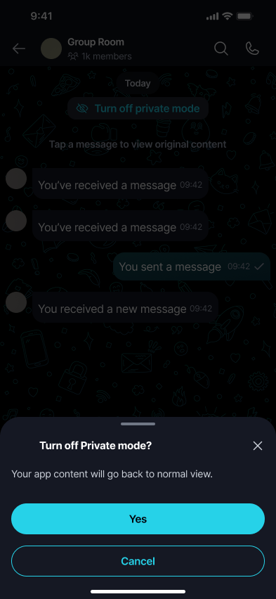 Private Mode π Β· Mobile A confirmation sheet asks you to confirm before turning Private Mode off.
