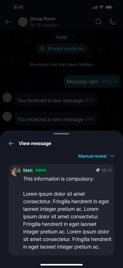 Private Mode π Β· Mobile The View message sheet, set to Manual reveal, shows the message's real sender and text.