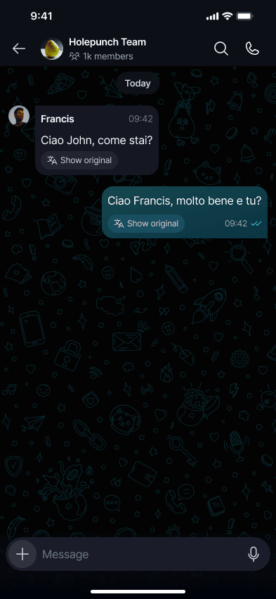 Translate Messages π Β· Mobile The translated text appears inside the original message bubble.